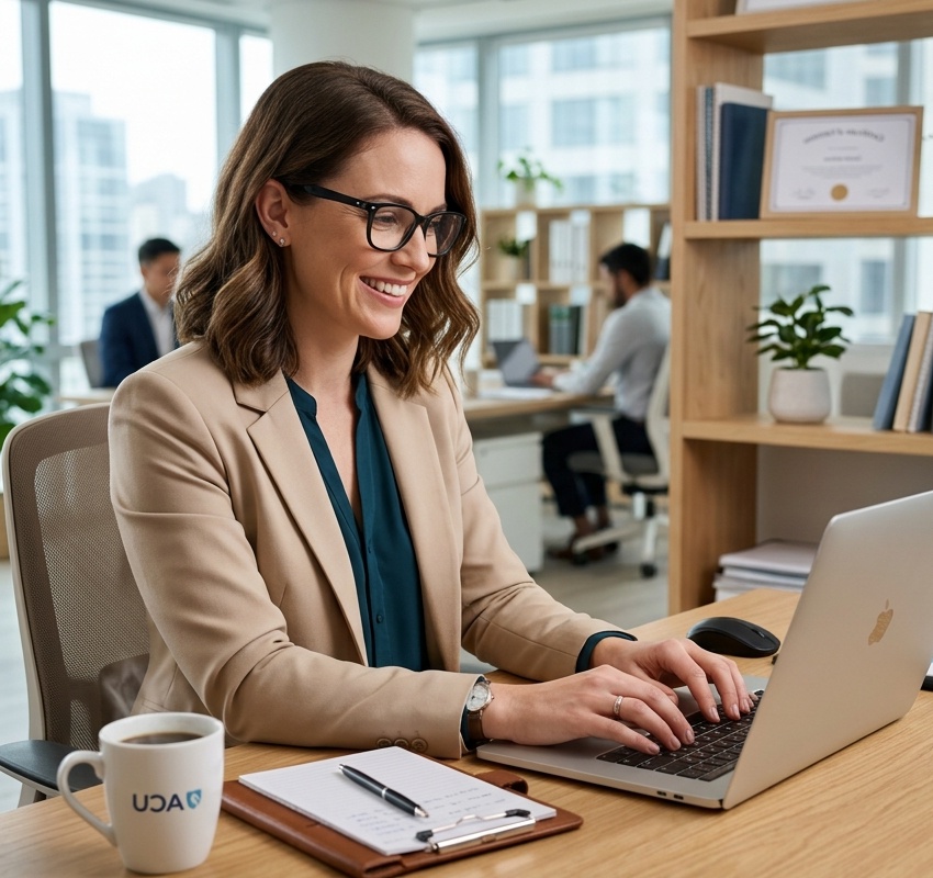 Certified female accountant smiling while analyzing financial books on laptop